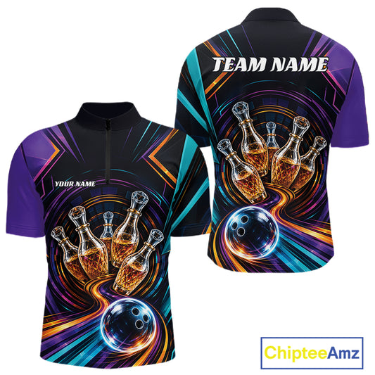 Front and back views of a short-sleeve quarter zip bowling shirt on a white background. The shirt features a black base with vibrant purple, teal, orange, and yellow abstract swirls, featuring bowling balls and bowling pins creatively designed to resemble wine bottles.