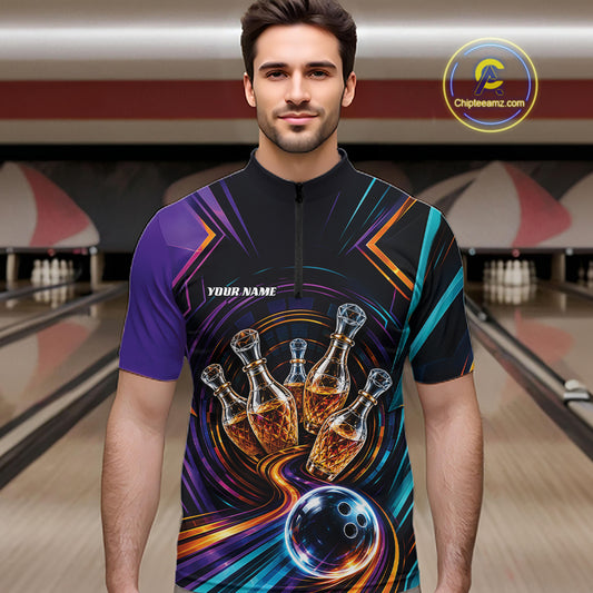 A man wearing a custom bowling-themed short-sleeve quarter-zip shirt with a vibrant graphic of bowling pins that resemble wine bottles and a bowling ball on a bowling alley background. The shirt features purple, black, and neon blue and orange accents, with 'YOUR NAME' printed on the chest.