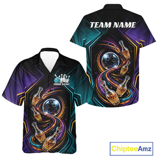 Front and back views of a button up bowling shirt on a white background. The shirt features a black base with vibrant purple, teal, orange, and yellow abstract swirls, featuring bowling balls and bowling pins creatively designed to resemble wine bottles.
