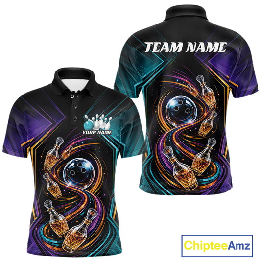 Front and back views of a custom short-sleeve polo shirt featuring a bowling-themed graphic design with bowling pins that resemble wine bottles, bowling ball on a black background with purple, teal, and orange accents.