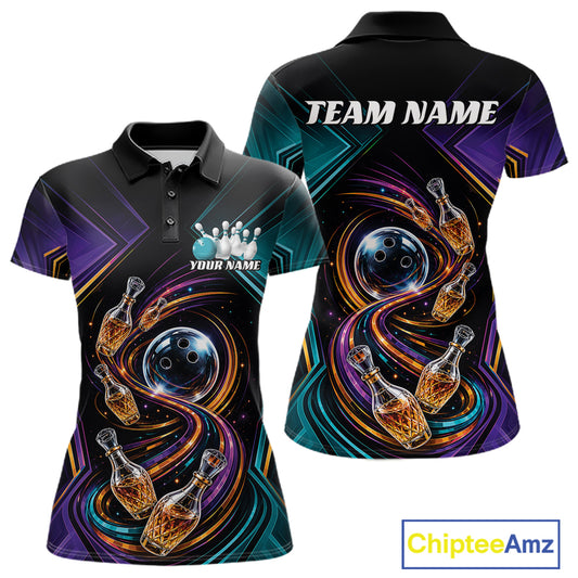 Front and back views of a womens bowling polo shirt on a white background. The shirt features a black base with vibrant purple, teal, orange, and yellow abstract swirls, featuring bowling balls and bowling pins creatively designed to resemble wine bottles.