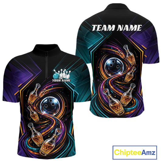 Front and back views of a short-sleeve quarter zip bowling shirt on a white background. The shirt features a black base with vibrant purple, teal, orange, and yellow abstract swirls, featuring bowling balls and bowling pins creatively designed to resemble wine bottles.