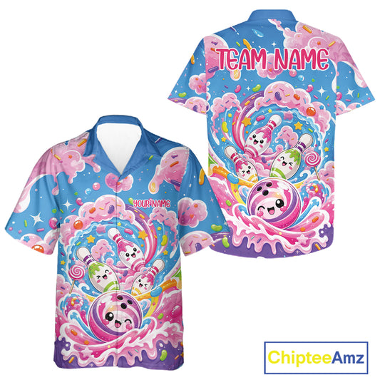A kids short-sleeve button-up shirt shown from the front and back on a white background, featuring a vibrant all-over print of cartoon bowling balls and pins that resemble colorful candy and lollipops on a bright blue background.