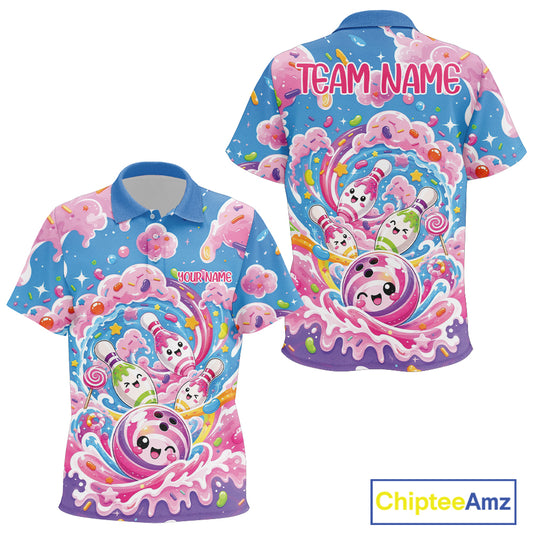 A kids short-sleeve polo shirt shown from the front and back on a white background, featuring a vibrant all-over print of cartoon bowling balls and pins that resemble colorful candy and lollipops on a bright blue background.