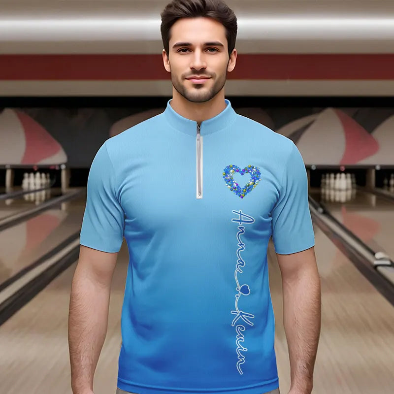 Blue Bowling Heart Custom Valentines Bowling Quarter-Zip Shirts For Men, Bowling Couple Shirt IPHW8339