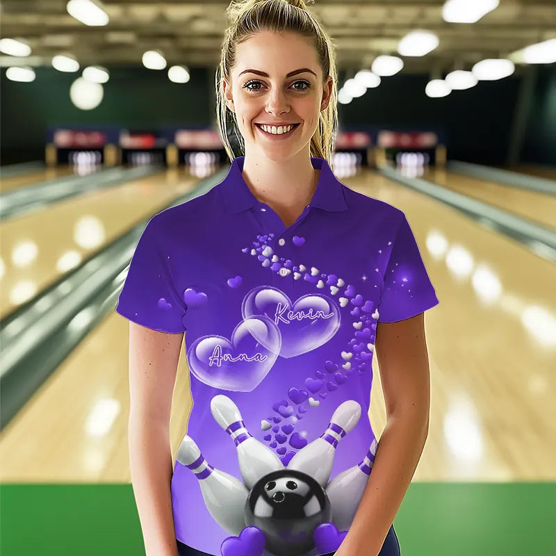 Purple Heart Theme Custom Valentines Bowling Polo Shirts For Women, Couple Bowling Shirt IPHW8346
