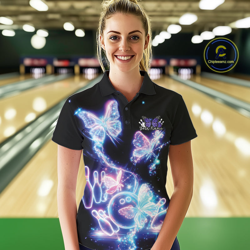 Custom Holographic Butterfly Women Bowling Team Shirts, Ladies Bowling League Shirt IPHW10912