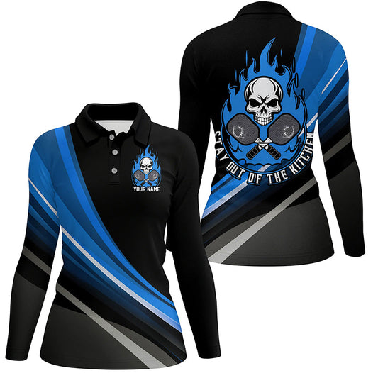 Custom Skull Women's Pickleball Polo Shirts "Stay Out Of The Kitchen" Pickleball | Blue IPHW6907