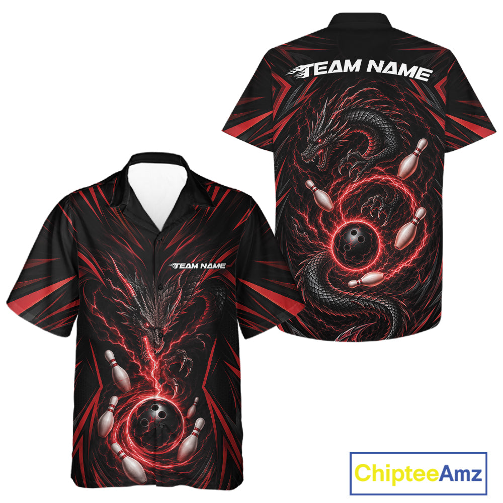 Custom Black And Red Lightning Dragon Bowling Team Men And Women Button Up Shirt, Bowling League Shirt IPHW11838