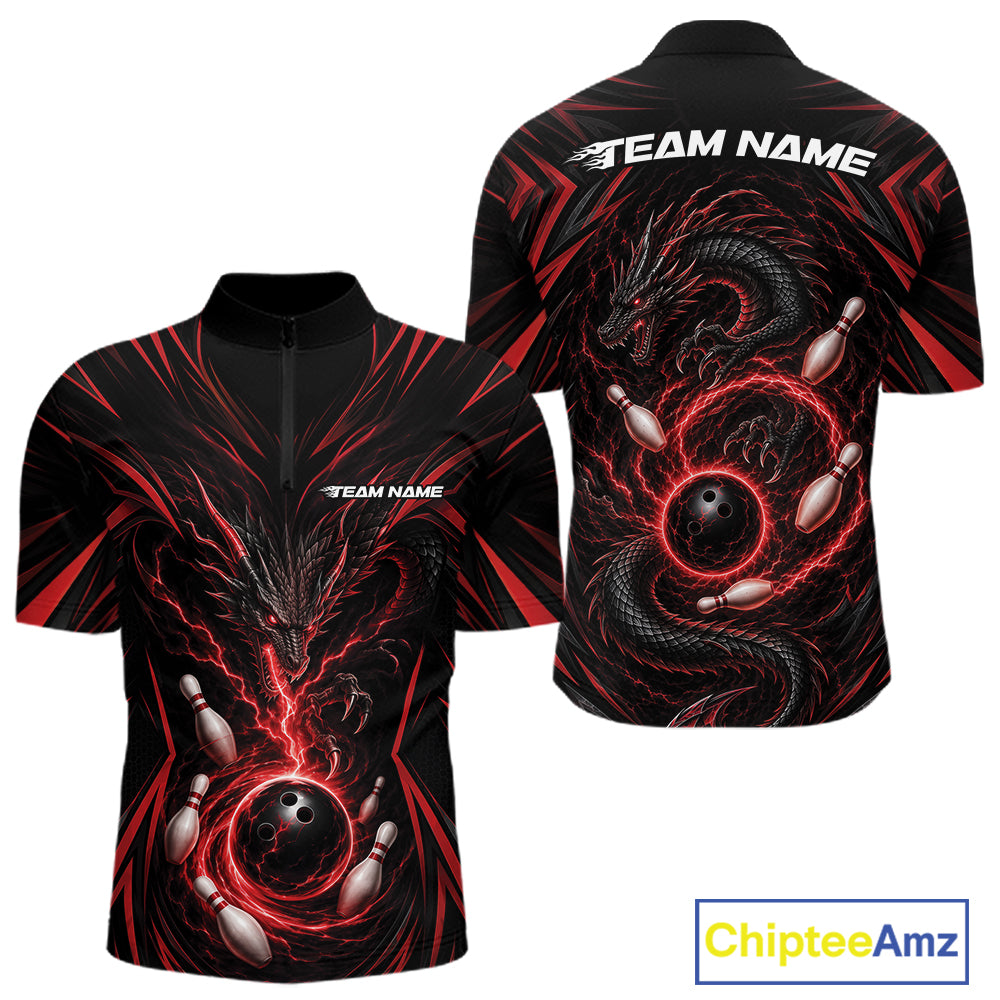 Black short-sleeve bowling quarter zip jersey with red and black dragon artwork and bowling ball graphics, shown front and back on a white background. The back has 'TEAM NAME' printed in white.