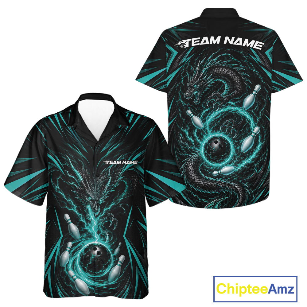 Custom Turquoise Blue Lightning Dragon Bowling Team Men And Women Button Up Shirt, Bowling League Shirt IPHW11839