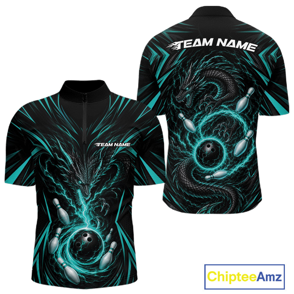 Black short-sleeve zip-up jersey shown from front and back, featuring a glowing teal bowling-themed dragon design with bowling pins. A ChipteeAmz logo appears in the bottom right corner.