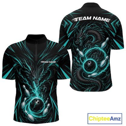 Black short-sleeve zip-up jersey shown from front and back, featuring a glowing teal bowling-themed dragon design with bowling pins. A ChipteeAmz logo appears in the bottom right corner.