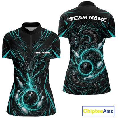 Custom Turquoise Blue Lightning Dragon Bowling Team Women Quarter-Zip Shirt IPHW11839