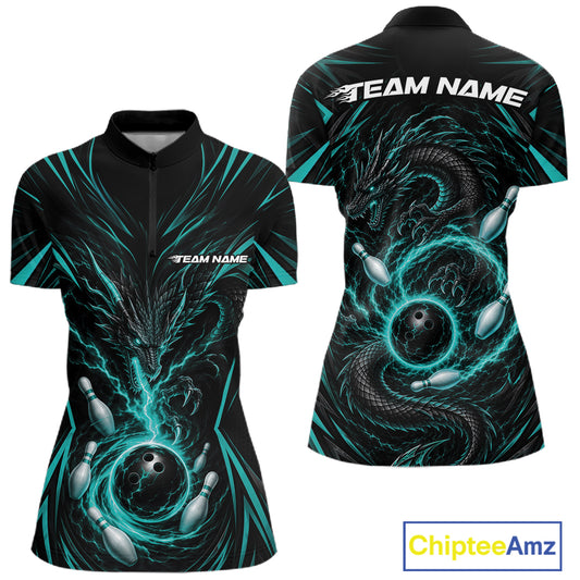Custom Turquoise Blue Lightning Dragon Bowling Team Women Quarter-Zip Shirt IPHW11839