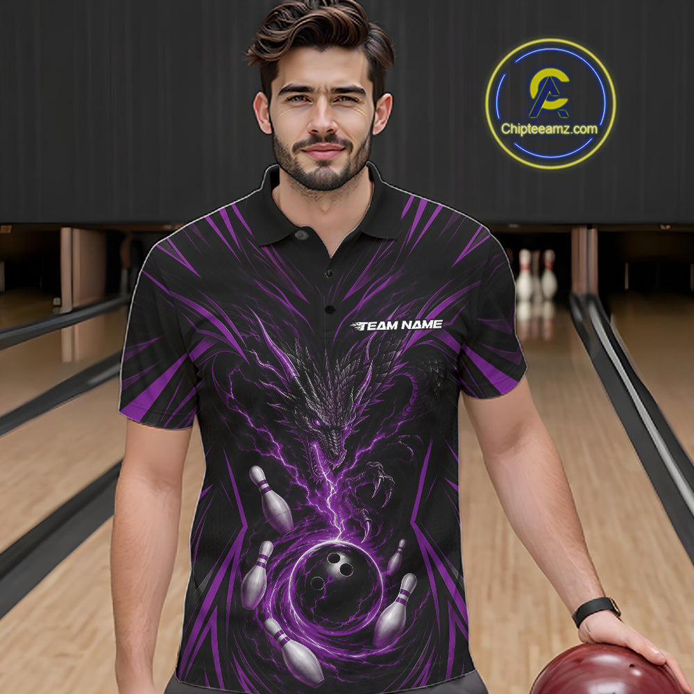 A man wearing a black short-sleeve bowling-themed polo shirt with a purple and black lightning-bolt swirl design, dragon, bowling pins, and a bowling ball graphic. 