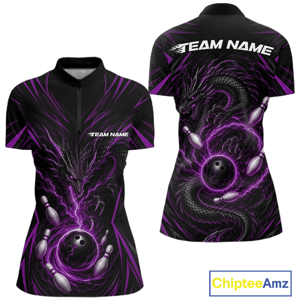 Custom Black And Purple Lightning Dragon Bowling Women Quarter-Zip Shirt IPHW11840