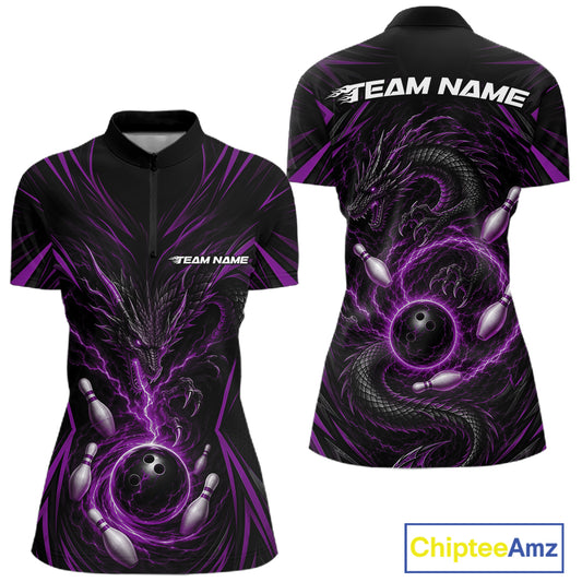Custom Black And Purple Lightning Dragon Bowling Women Quarter-Zip Shirt IPHW11840
