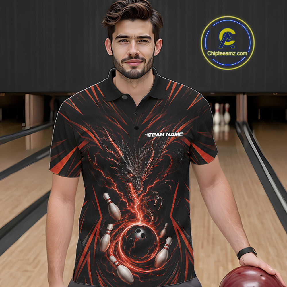 A man wearing a black short-sleeve bowling-themed polo shirt with a black and orange dragon design and bowling pins and ball graphic