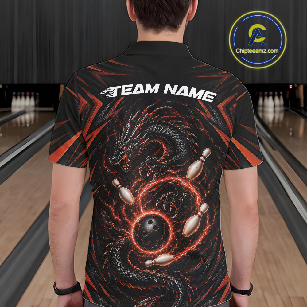 A person viewed from behind wearing a short-sleeve polo bowling shirt with a large dragon and bowling pins graphic on the back, standing in a bowling alley. The shirt has 'TEAM NAME' printed across the upper back, and a circular 'Chipteamz' logo