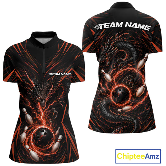 Custom Black And Orange Lightning Dragon Bowling Women Quarter-Zip Shirt IPHW11841