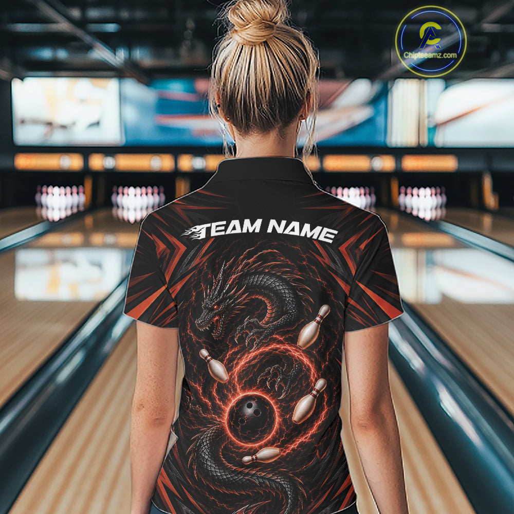 Custom Black And Orange Lightning Dragon Bowling Women Quarter-Zip Shirt IPHW11841