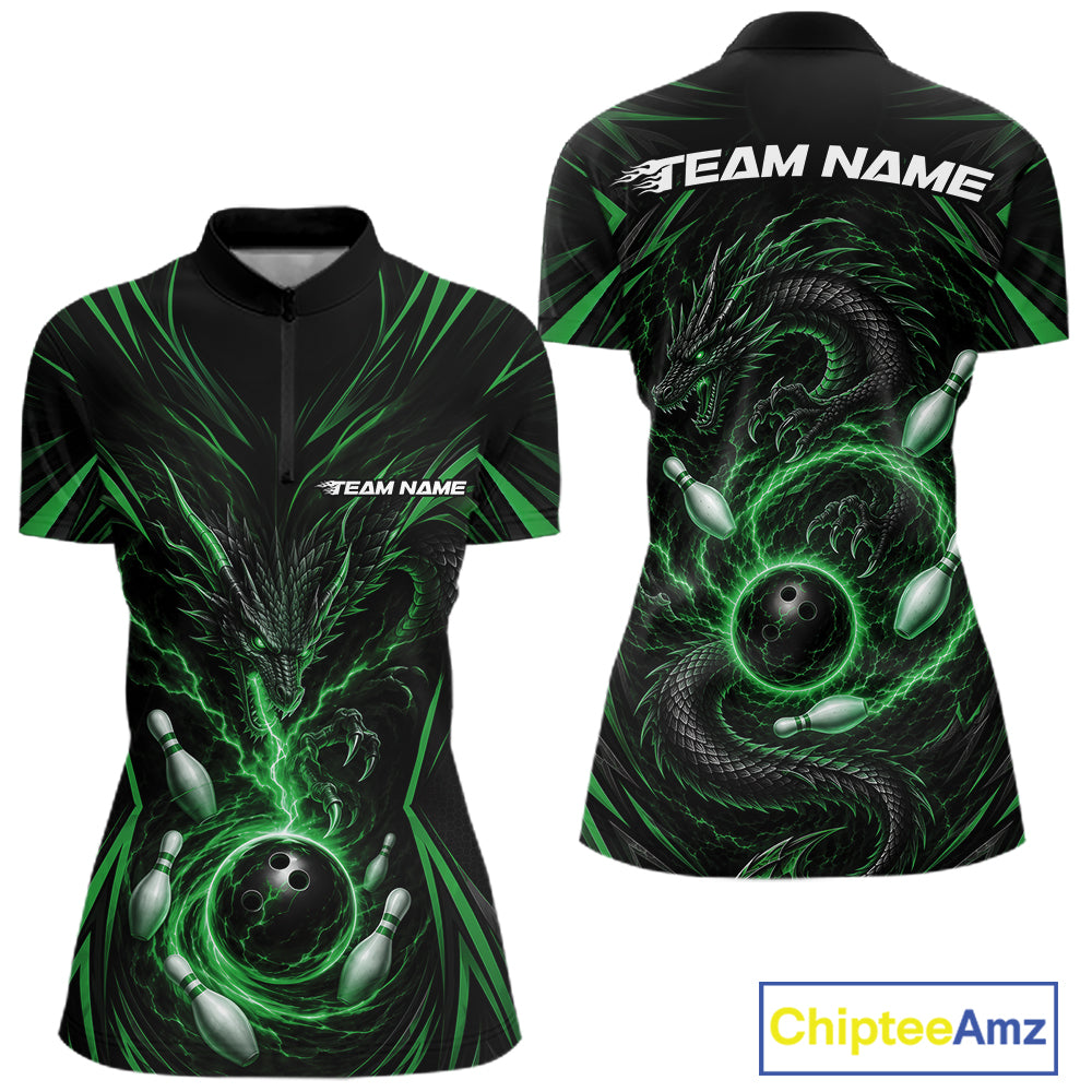 Custom Black And Green Lightning Dragon Bowling Team Women Quarter-Zip Shirt IPHW11842