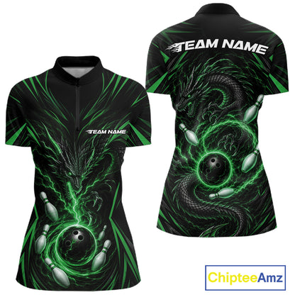 Custom Black And Green Lightning Dragon Bowling Team Women Quarter-Zip Shirt IPHW11842