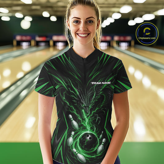 Custom Black And Green Lightning Dragon Bowling Team Women Quarter-Zip Shirt IPHW11842