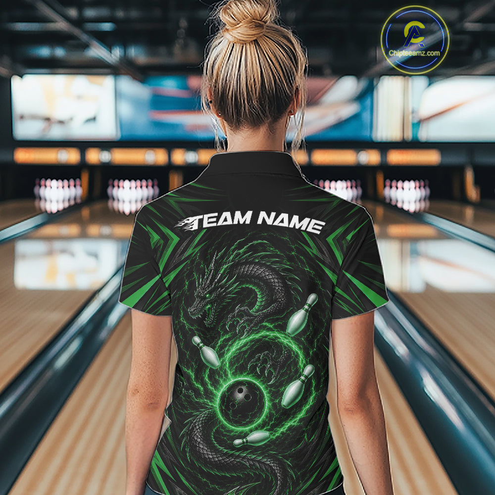 Custom Black And Green Lightning Dragon Bowling Team Women Quarter-Zip Shirt IPHW11842