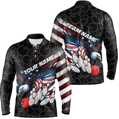 American Flag Eagle Custom Patriotic US Flag Bowling Shirts For Men, Black Bowling Team Uniform IPHW7922