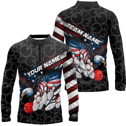 American Flag Eagle Custom Patriotic US Flag Bowling Shirts For Men, Black Bowling Team Uniform IPHW7922