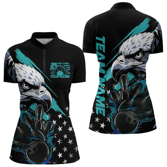 Black And Blue American Flag Eagle Custom Patriotic Flame Bowling Women Quarter-Zip Shirts IPHW8849