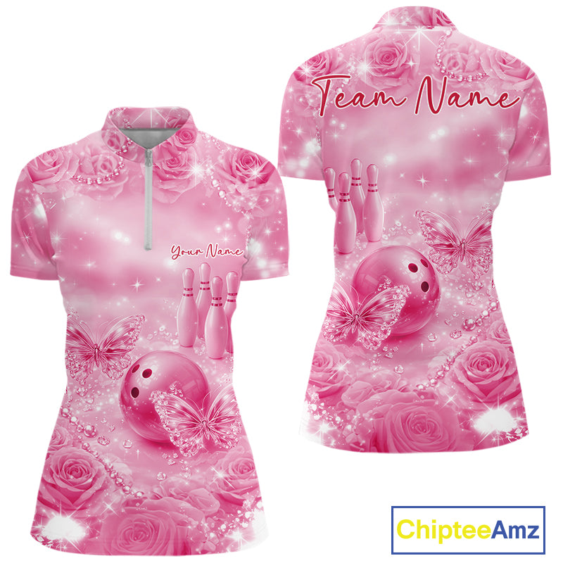 Custom Elegant Pink Roses And Butterfly Women Bowling Quarter-Zip Shirts, Ladies Outfit IPHW10937