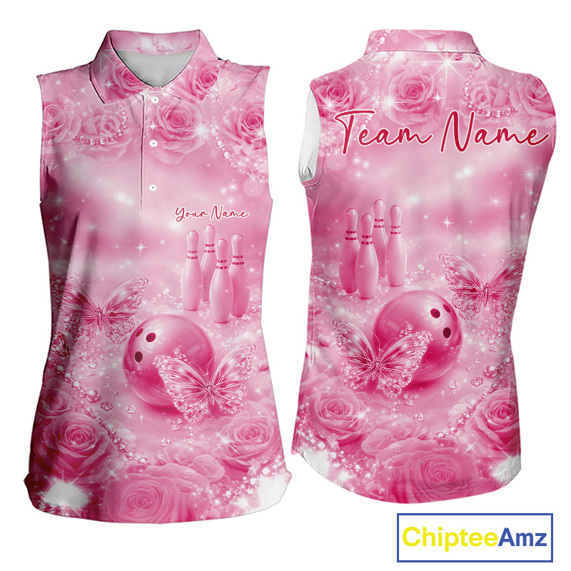 Custom Elegant Pink Roses And Butterfly Women Bowling Sleeveless Polo Shirts, Ladies Outfit IPHW10937