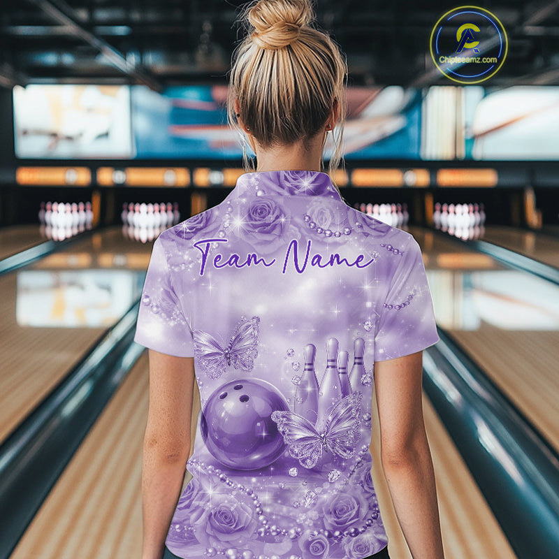 Custom Elegant Purple Roses And Butterfly Women Bowling Polo Shirts, Ladies Outfit IPHW10938