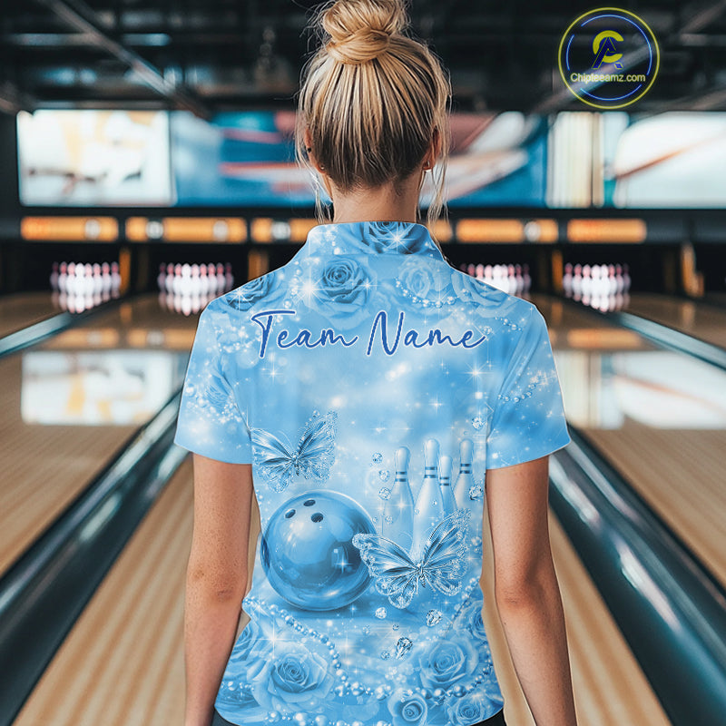 Custom Elegant Blue Roses And Butterfly Women Bowling Quarter-Zip Shirts, Ladies Outfit IPHW10939