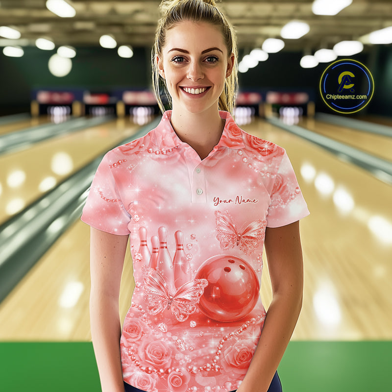 Custom Elegant Red Roses And Butterfly Women Bowling Polo Shirts, Ladies Outfit IPHW10940