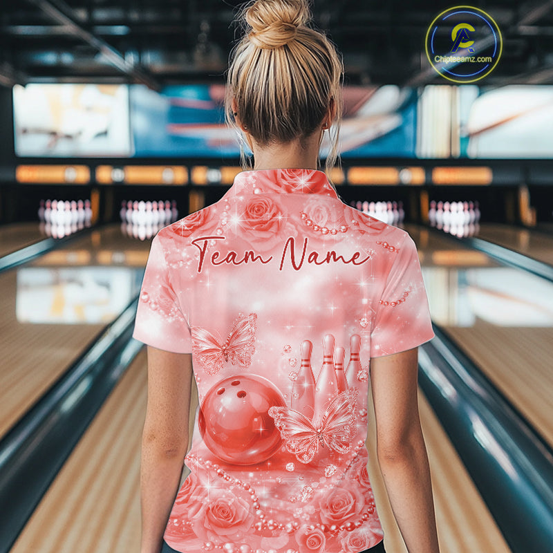 Custom Elegant Red Roses And Butterfly Women Bowling Polo Shirts, Ladies Outfit IPHW10940