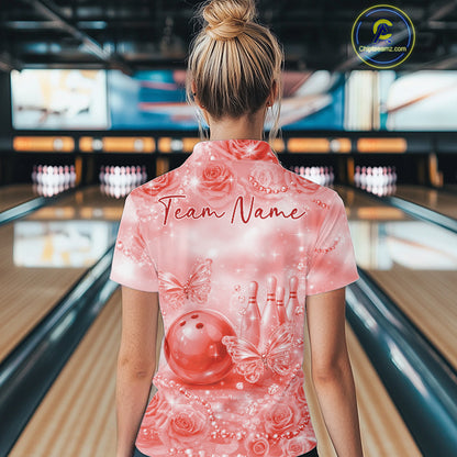 Custom Elegant Red Roses And Butterfly Women Bowling Polo Shirts, Ladies Outfit IPHW10940