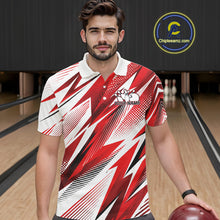 Load image into Gallery viewer, Man wearing a red and white bowling shirt with a logo in the background