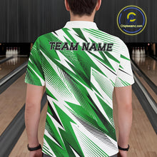 Load image into Gallery viewer, Person wearing a green and white bowling shirt with 'TEAM NAME' text in a bowling alley.