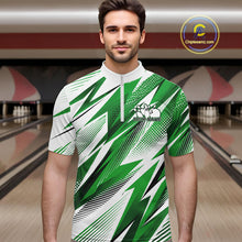 Load image into Gallery viewer, Man wearing a green and white bowling shirt with a pattern in a bowling alley.