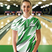 Load image into Gallery viewer, Woman wearing a green and white bowling shirt with a logo on a bowling alley background