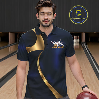 A man wearing a custom bowling shirt in a bowling alley. The shirt is navy blue with a gold diagonal stripe, a white bowling pins graphic, and 'YOUR NAME' printed in gold on the chest.