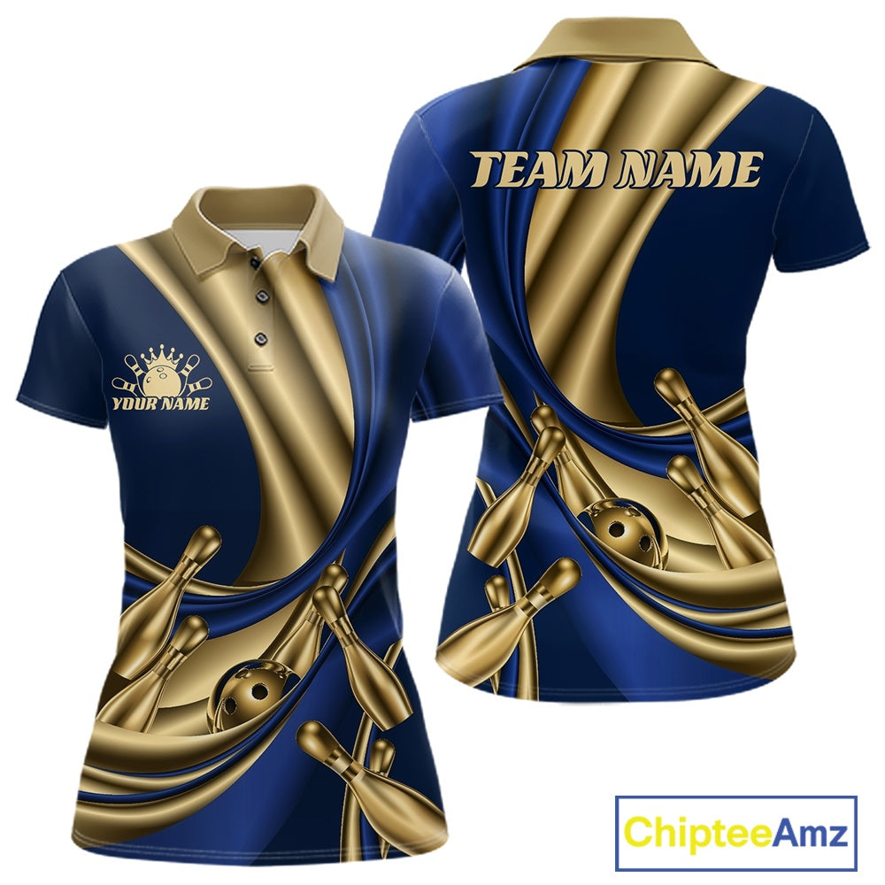 Customizable bowling-themed polo shirt shown from the front and back. The design features a navy blue and metallic gold abstract wave pattern with bowling pins and balls, including placeholder text 'YOUR NAME' on the front left chest and 'TEAM NAME' on the back.