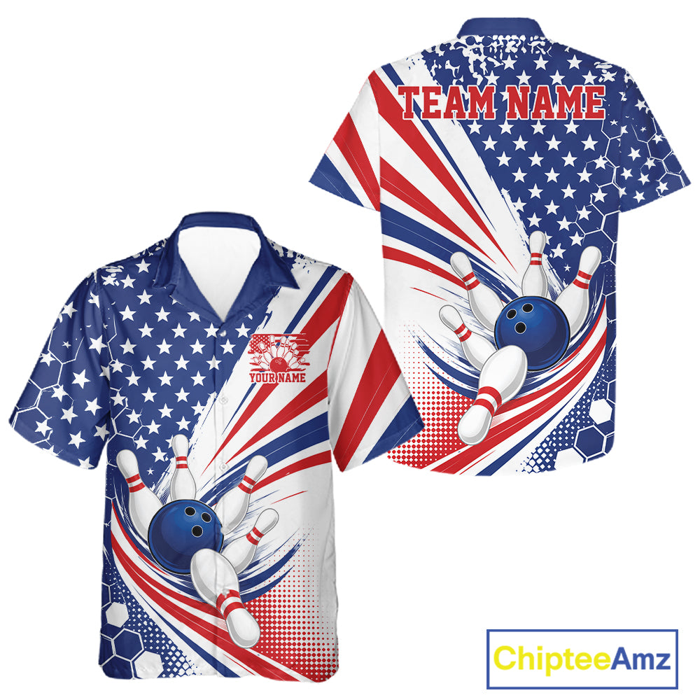 Custom short-sleeve button up bowling team shirt shown from both front and back views. The shirt features a patriotic red, white, and blue US flag design with soccer and bowling elements, including bowling pins, bowling balls