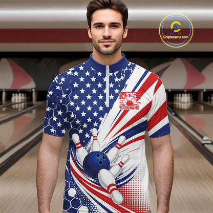 A man wearing a short-sleeve bowling-themed quarter-zip shirt with a patriotic American flag design in blue, white, and red, featuring bowling pins and a bowling ball graphic.