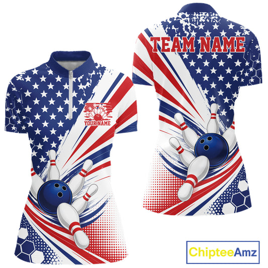 Custom Patriotic American Bowling Team Women Quarter-Zip Shirt, US Flag Bowling Jersey IPHW11843