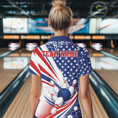 Custom Patriotic American Bowling Team Women Quarter-Zip Shirt, US Flag Bowling Jersey IPHW11843
